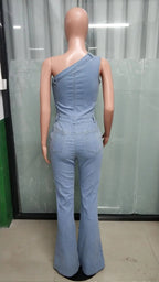 Demin Overalls Women Jumpsuits One Shoulder Mom Jeans Bodycon Long Pants Flare Pant High Waist Streetwear Y2k Slim Fit Rompers Purplish Diva