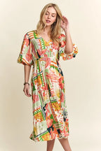 New Summer Floral V-Neck Puff Sleeve Midi Dress For Women – Feminine, Charming, Elegant, Eye-Catching, Perfect for Any Occasion