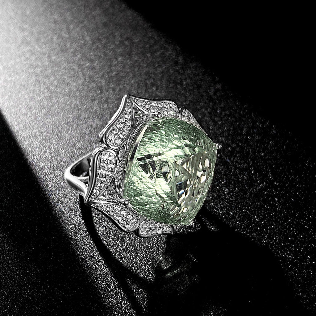Ins Wind Luxury Crystal Ring Femininity Silver Set With Large Natural Green Crystal Pi-Mart