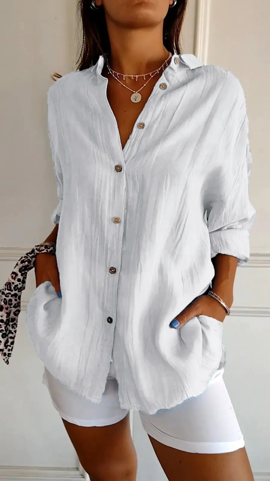 Lapel Long Sleeve Shirt Women's Single-breasted Pleated Shirt Pi-Mart