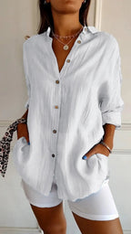 Lapel Long Sleeve Shirt Women's Single-breasted Pleated Shirt Pi-Mart