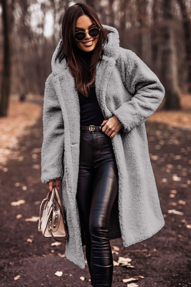 Autumn Winter Fashion Elegant Long Coat Woman Plush Warm Faux Fleece Coat Women Teddy Jacket Female Teddy Coat Outwear Ladies Pi-Mart