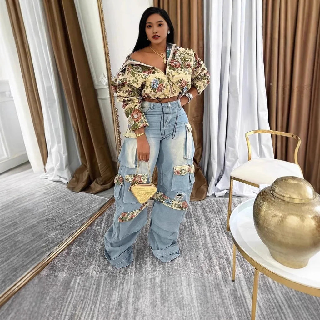 Women Tracksuit Pant Sets Zipper Cardigan Tops Print Zipper Fly Straight Ankle Length Denim Pants Jean Loose Matching Sets Y2k Purplish Diva