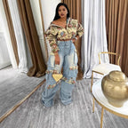 Women Tracksuit Pant Sets Zipper Cardigan Tops Print Zipper Fly Straight Ankle Length Denim Pants Jean Loose Matching Sets Y2k Purplish Diva