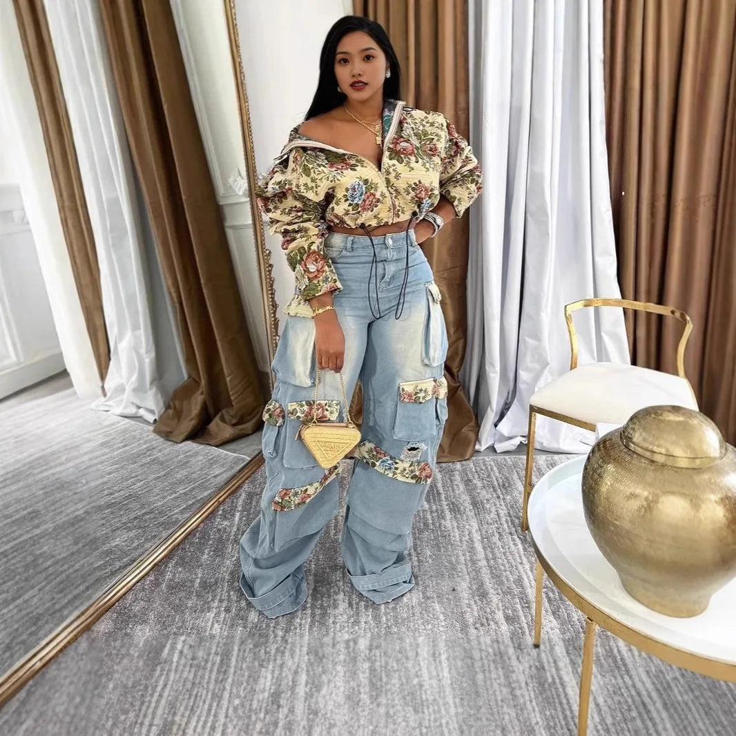 Women Tracksuit Pant Sets Zipper Cardigan Tops Print Zipper Fly Straight Ankle Length Denim Pants Jean Loose Matching Sets Y2k Purplish Diva