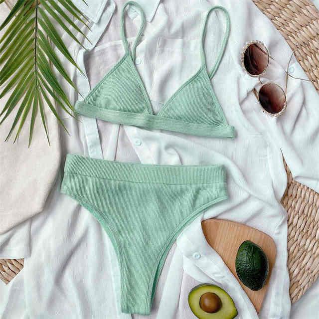 Female Swimsuit High Waist Bikini Women High Waist Swimsuits Triangle Bathing Suit V Neck Two Piece Bikini Sets Women Swimwear Two-pieces Bikini Set Ribbed Bather Bathing Suit Swim Stevvex