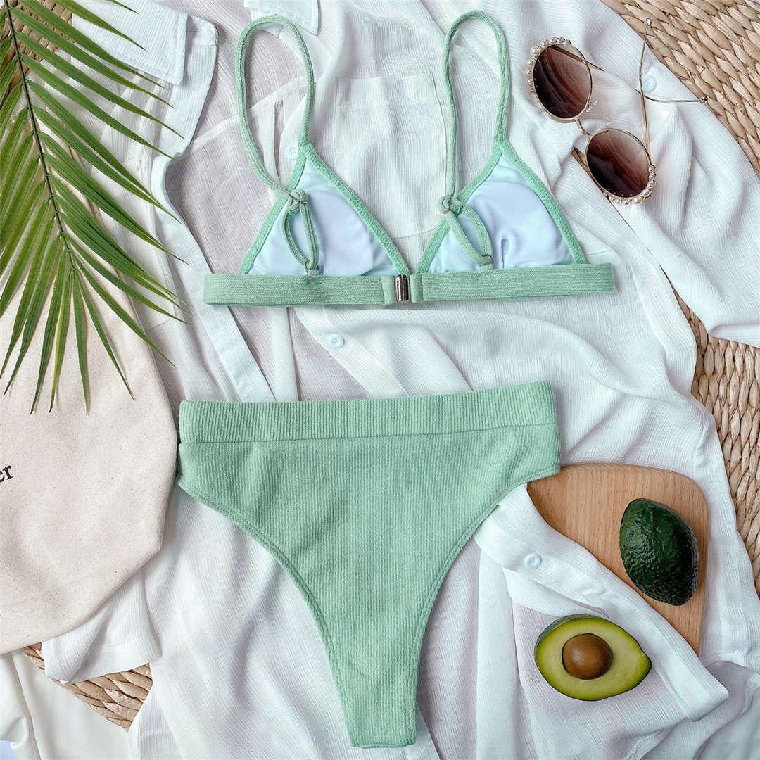 Female Swimsuit High Waist Bikini Women High Waist Swimsuits Triangle Bathing Suit V Neck Two Piece Bikini Sets Women Swimwear Two-pieces Bikini Set Ribbed Bather Bathing Suit Swim Stevvex