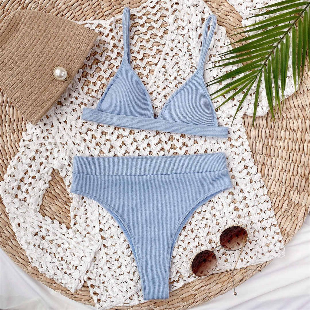 Female Swimsuit High Waist Bikini Women High Waist Swimsuits Triangle Bathing Suit V Neck Two Piece Bikini Sets Women Swimwear Two-pieces Bikini Set Ribbed Bather Bathing Suit Swim Stevvex