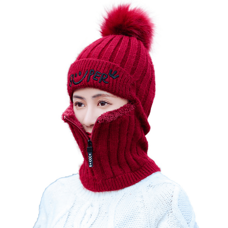 Female Winter Knitted Hats Add Fur Lined Warm Winter Hats For Women With Zipper Keep Face Warmer Balaclava Pompoms Cap Fleece Balaclava Gorgas Bonnet Knitted Hat Windproof Ski Mask Cold Weather Face Mask Motorcycle Balaclava Hood Warmer Winter Sports Cap Stevvex