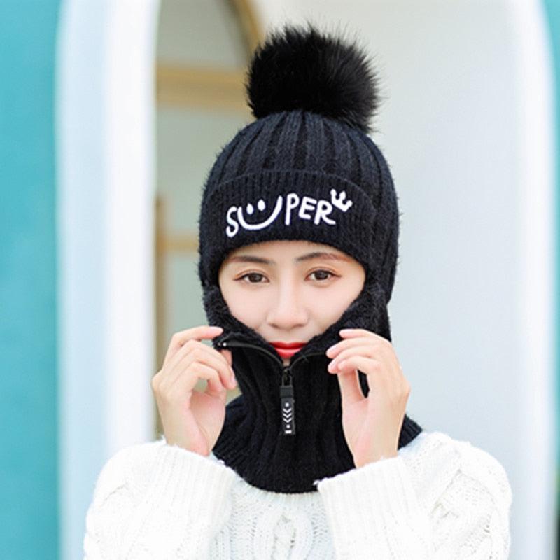 Female Winter Knitted Hats Add Fur Lined Warm Winter Hats For Women With Zipper Keep Face Warmer Balaclava Pompoms Cap Fleece Balaclava Gorgas Bonnet Knitted Hat Windproof Ski Mask Cold Weather Face Mask Motorcycle Balaclava Hood Warmer Winter Sports Cap Stevvex