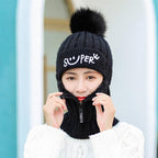 Female Winter Knitted Hats Add Fur Lined Warm Winter Hats For Women With Zipper Keep Face Warmer Balaclava Pompoms Cap Fleece Balaclava Gorgas Bonnet Knitted Hat Windproof Ski Mask Cold Weather Face Mask Motorcycle Balaclava Hood Warmer Winter Sports Cap Stevvex