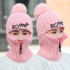 Female Winter Knitted Hats Add Fur Lined Warm Winter Hats For Women With Zipper Keep Face Warmer Balaclava Pompoms Cap Fleece Balaclava Gorgas Bonnet Knitted Hat Windproof Ski Mask Cold Weather Face Mask Motorcycle Balaclava Hood Warmer Winter Sports Cap Stevvex