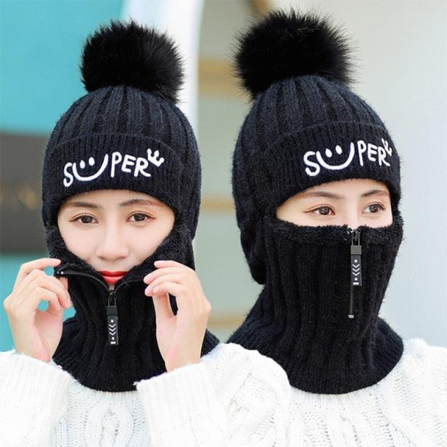Female Winter Knitted Hats Add Fur Lined Warm Winter Hats For Women With Zipper Keep Face Warmer Balaclava Pompoms Cap Fleece Balaclava Gorgas Bonnet Knitted Hat Windproof Ski Mask Cold Weather Face Mask Motorcycle Balaclava Hood Warmer Winter Sports Cap Stevvex
