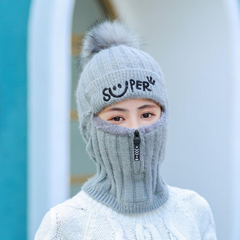 Female Winter Knitted Hats Add Fur Lined Warm Winter Hats For Women With Zipper Keep Face Warmer Balaclava Pompoms Cap Fleece Balaclava Gorgas Bonnet Knitted Hat Windproof Ski Mask Cold Weather Face Mask Motorcycle Balaclava Hood Warmer Winter Sports Cap Stevvex