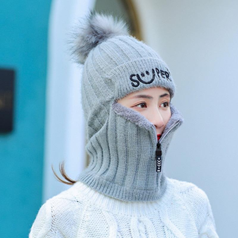 Female Winter Knitted Hats Add Fur Lined Warm Winter Hats For Women With Zipper Keep Face Warmer Balaclava Pompoms Cap Fleece Balaclava Gorgas Bonnet Knitted Hat Windproof Ski Mask Cold Weather Face Mask Motorcycle Balaclava Hood Warmer Winter Sports Cap Stevvex