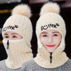 Female Winter Knitted Hats Add Fur Lined Warm Winter Hats For Women With Zipper Keep Face Warmer Balaclava Pompoms Cap Fleece Balaclava Gorgas Bonnet Knitted Hat Windproof Ski Mask Cold Weather Face Mask Motorcycle Balaclava Hood Warmer Winter Sports Cap Stevvex
