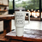 Just A Mom Raising Feral Children 40oz Insulated Travel Tumbler With Handle Stainless Steel BandsCo Straps