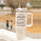 Just A Mom Raising Feral Children 40oz Insulated Travel Tumbler With Handle Stainless Steel BandsCo Straps