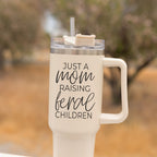 Just A Mom Raising Feral Children 40oz Insulated Travel Tumbler With Handle Stainless Steel BandsCo Straps