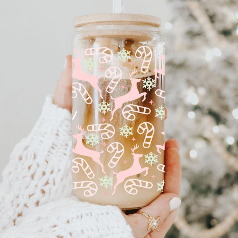 Festive 17oz Holiday Travel Mug Pastel Reindeer Snowflake Candy Cane Cup BandsCo Straps