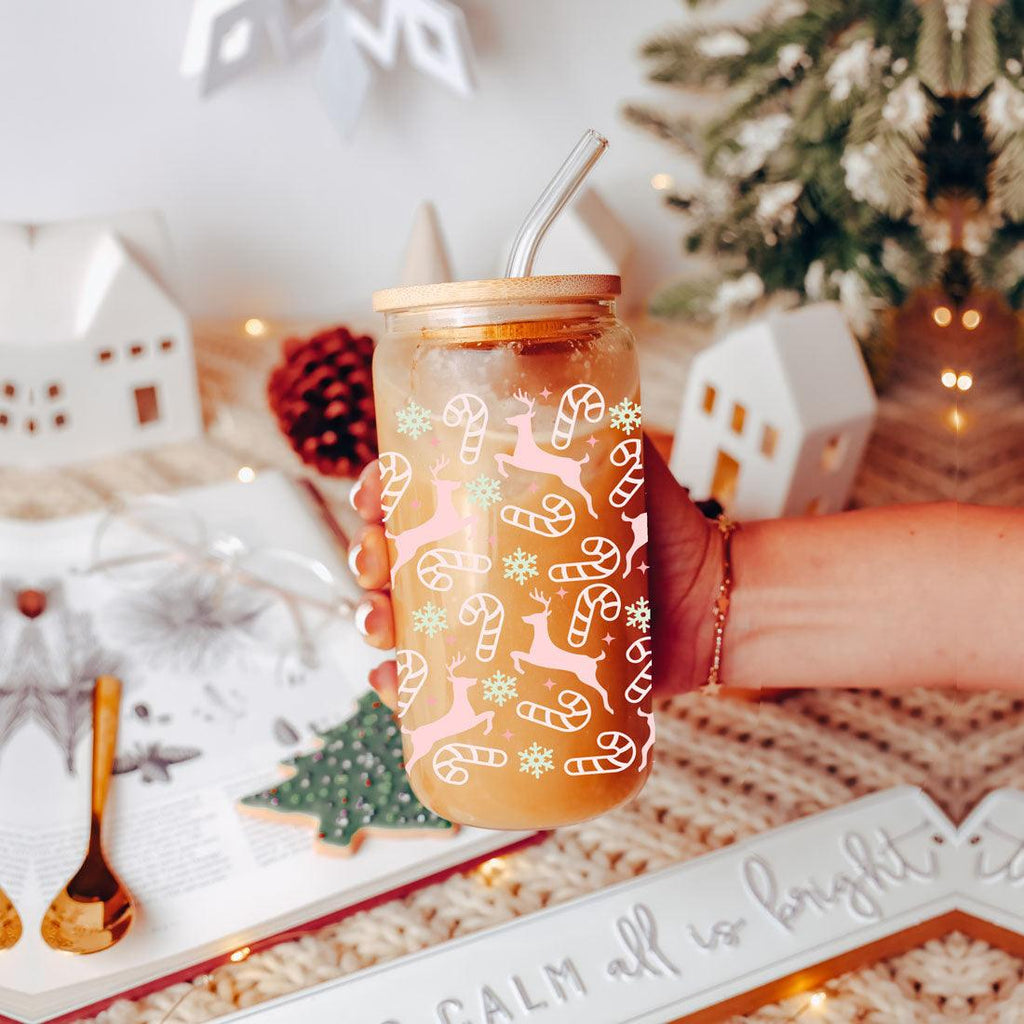Festive 17oz Holiday Travel Mug Pastel Reindeer Snowflake Candy Cane Cup BandsCo Straps