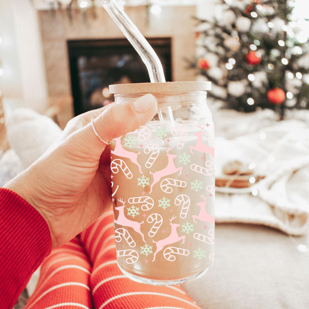 Festive 17oz Holiday Travel Mug Pastel Reindeer Snowflake Candy Cane Cup BandsCo Straps