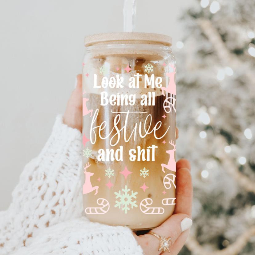 Festive 17oz Holiday Travel Mug Pastel Reindeer Snowflake Candy Cane Cup BandsCo Straps