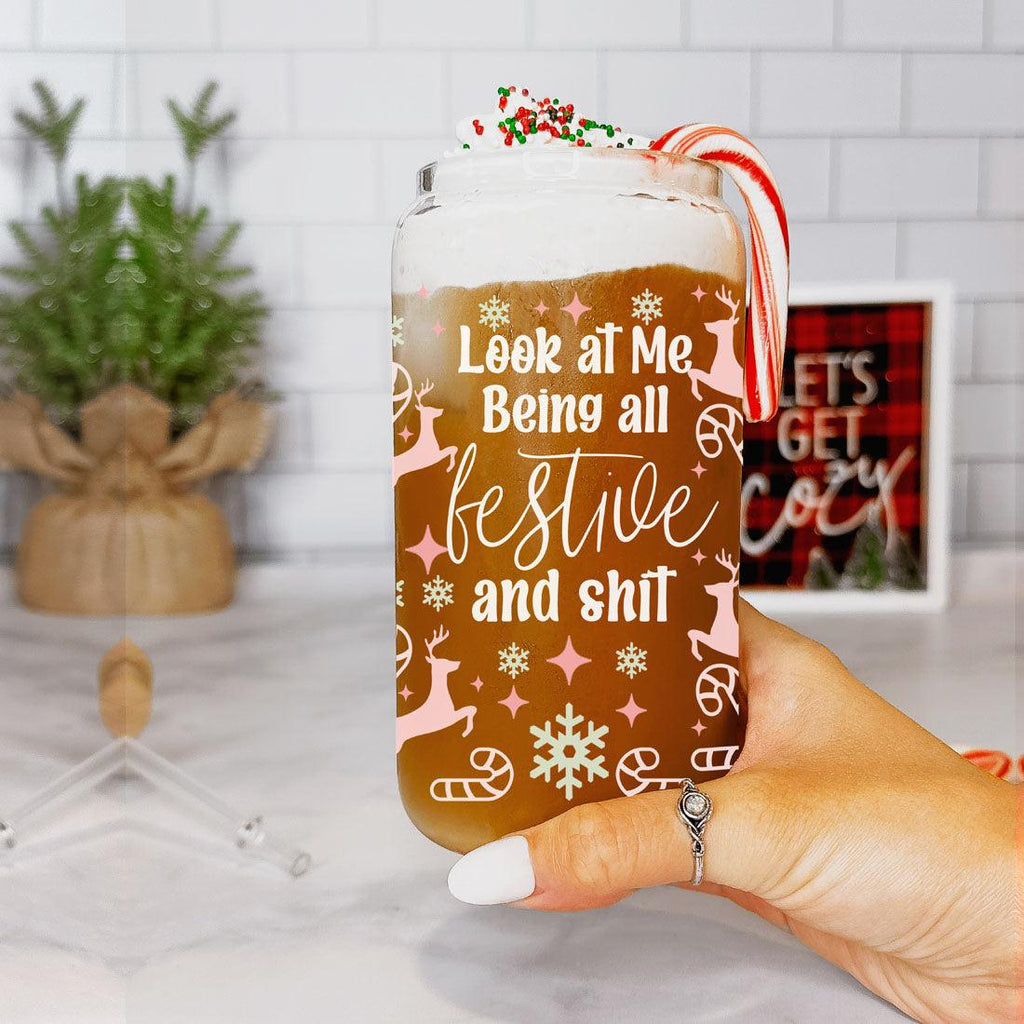 Festive 17oz Holiday Travel Mug Pastel Reindeer Snowflake Candy Cane Cup BandsCo Straps