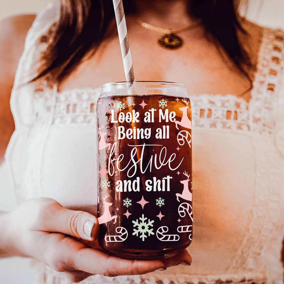Festive 17oz Holiday Travel Mug Pastel Reindeer Snowflake Candy Cane Cup BandsCo Straps