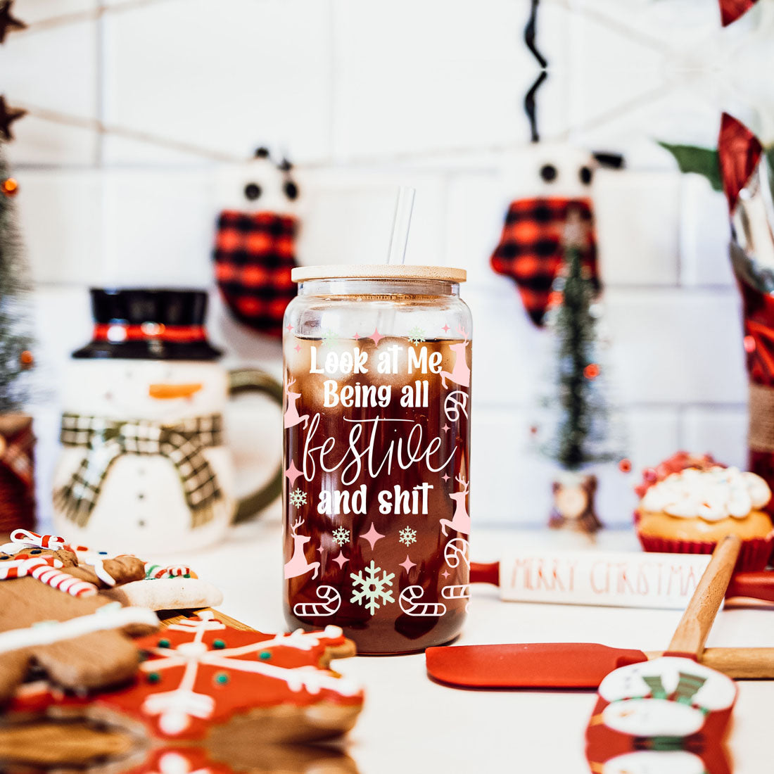 Festive 17oz Holiday Travel Mug Pastel Reindeer Snowflake Candy Cane Cup BandsCo Straps