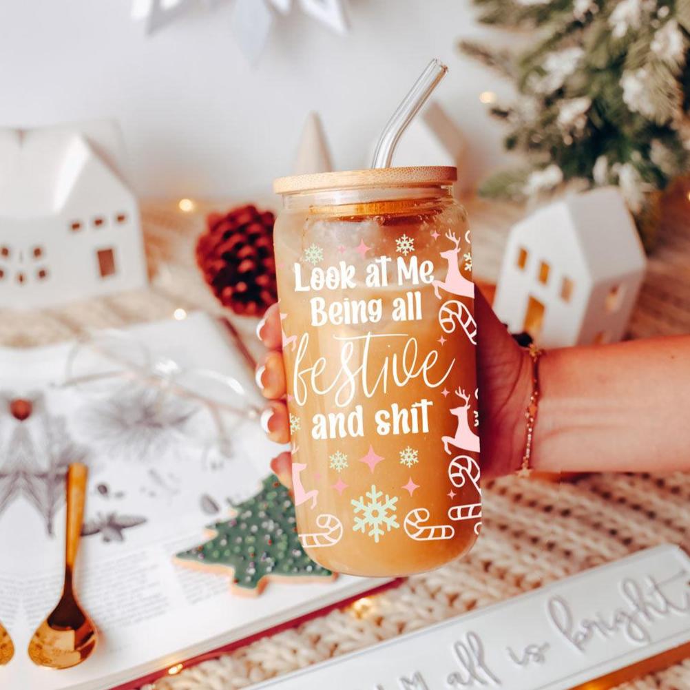 Festive 17oz Holiday Travel Mug Pastel Reindeer Snowflake Candy Cane Cup BandsCo Straps