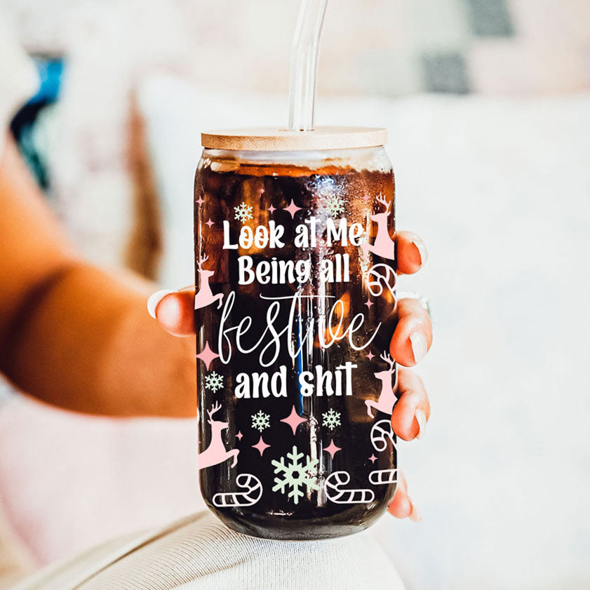 Festive 17oz Holiday Travel Mug Pastel Reindeer Snowflake Candy Cane Cup BandsCo Straps