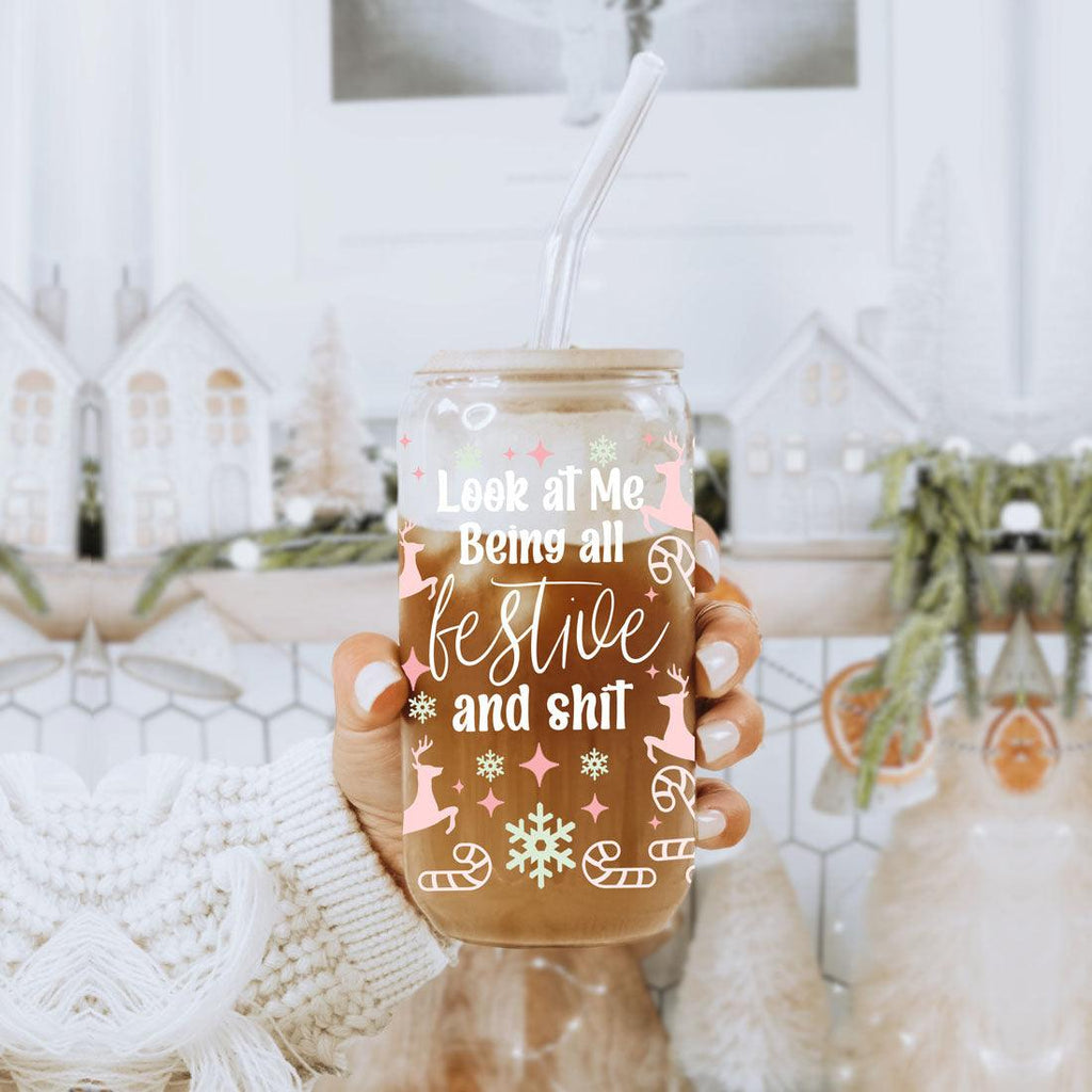 Festive 17oz Holiday Travel Mug Pastel Reindeer Snowflake Candy Cane Cup BandsCo Straps