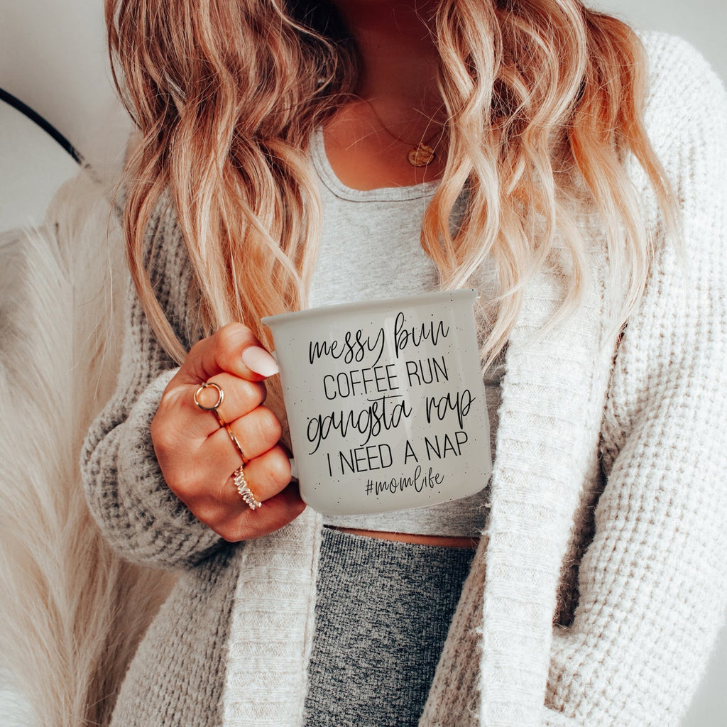Messy Bun Coffee Run 14.5oz Ceramic Campfire Mug Double-Sided Speckled BandsCo Straps