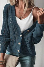 Dark Khaki Cardigan – Open Knit Drop Shoulder Sweater | Cotton-Acrylic Blend