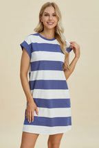 Full Size Striped Round Neck Cap Sleeve Mini Dress For Women – Striped Mini Dress, Full-Size Round Neck Dress, Comfortable Cap Sleeve Dress, Chic Striped Dress, Flattering Mini Dress, Casual Everyday Dress, Versatile Striped Dress Stevvex