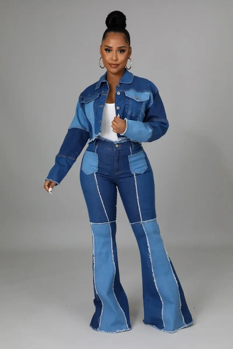 Women's Matching Set Denim Patchwork Vintage Short Jacket and Flare Pant Two Piece Set Outfit Autumn Casual Y2K Fashion Sets Purplish Diva