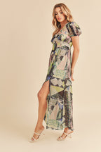Lace Detail Slit Geometric Print Short Sleeve Maxi Comfortable Dress For Women, Elegant Lace, Alluring Slit, Sophisticated Geometric Print for Casual & Dressy Occasions Stevvex