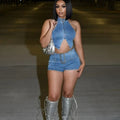FAGADOER Y2K Sexy Denim 2 Piece Sets Woman Outfit Zipper Sleeveless Backless Halter Crop Top and Shorts Suits Female Streetwear Purplish Diva