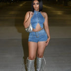 FAGADOER Y2K Sexy Denim 2 Piece Sets Woman Outfit Zipper Sleeveless Backless Halter Crop Top and Shorts Suits Female Streetwear Purplish Diva