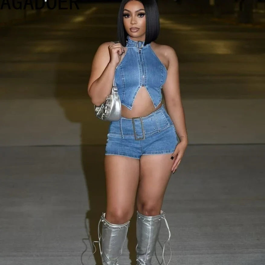 FAGADOER Y2K Sexy Denim 2 Piece Sets Woman Outfit Zipper Sleeveless Backless Halter Crop Top and Shorts Suits Female Streetwear Purplish Diva