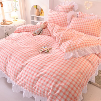 Ins Fashion Solid Cotton Bedding Set with Fitted Bed Sheet Cute Princess AB Double Sided Ruffle Quilt Cover Pillowcase Full Size Pi-Mart