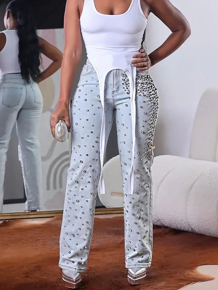 Plus Size Women's Beading Jeans High Waist Slim Casual Denim Pant Vintage Fashion 2025 Streetwear Straight Jeans Trousers Purplish Diva