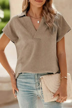 White Textured V Neck Collared Split Hem T Shirt
