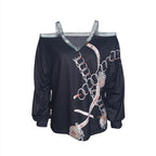 Women's Fashion New Chain Printed Sequin Cold Shoulder Long Sleeved Sweatshirt With Exposed Shoulder Top - SJB-DIAMOND ELITES