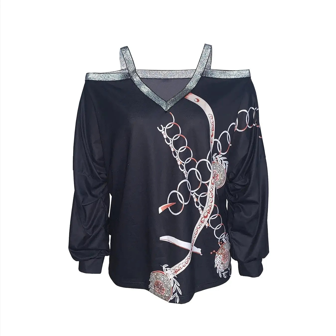 Women's Fashion New Chain Printed Sequin Cold Shoulder Long Sleeved Sweatshirt With Exposed Shoulder Top - SJB-DIAMOND ELITES