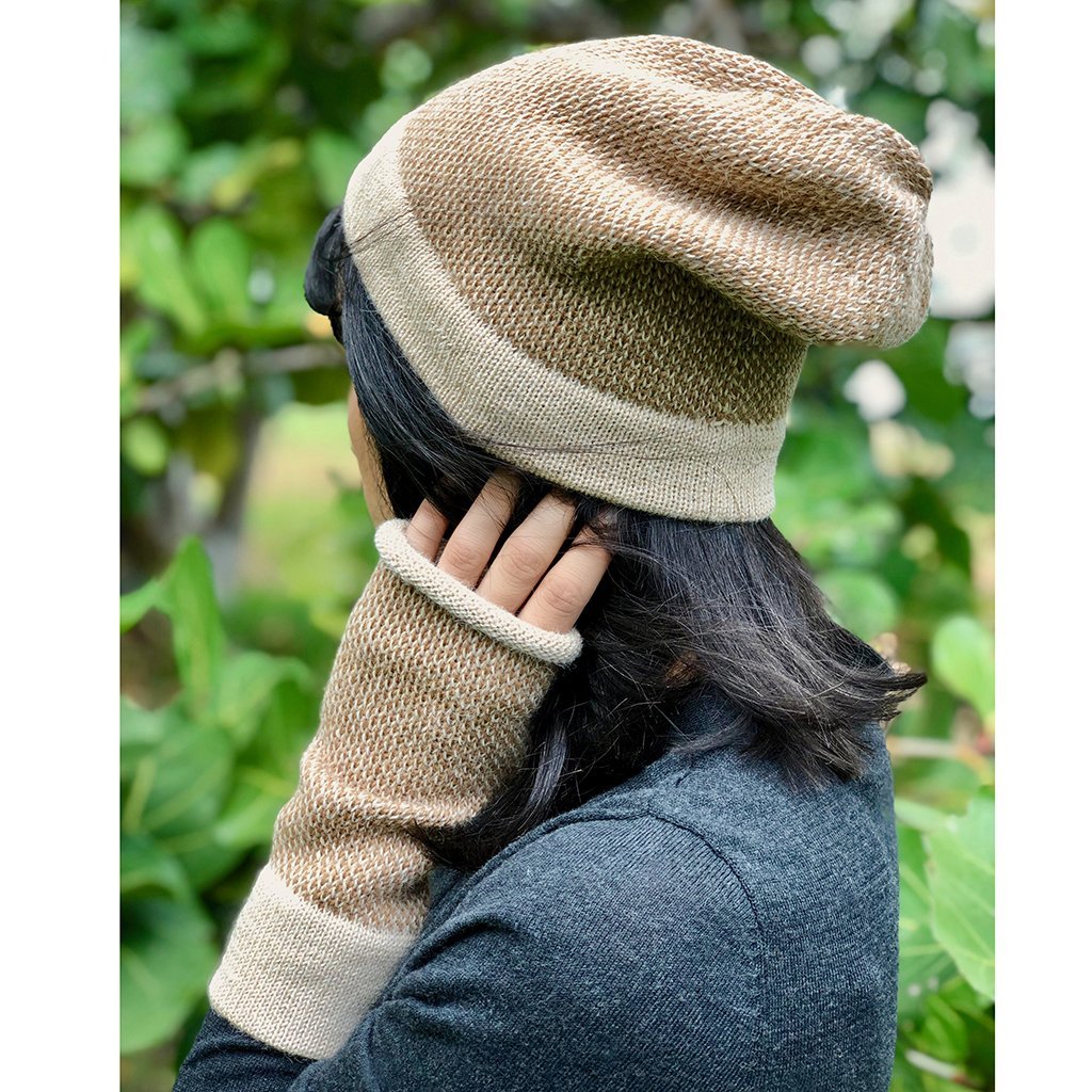 Fingerless Alpaca Gloves Camel Interwoven Long Wrist Warmers With Thumb Slit BandsCo Straps