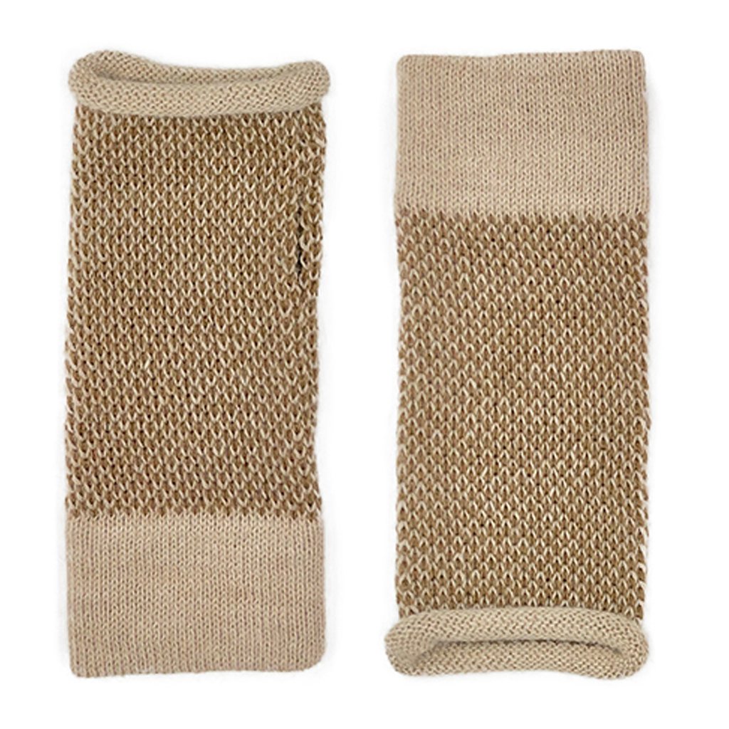 Fingerless Alpaca Gloves Camel Interwoven Long Wrist Warmers With Thumb Slit BandsCo Straps