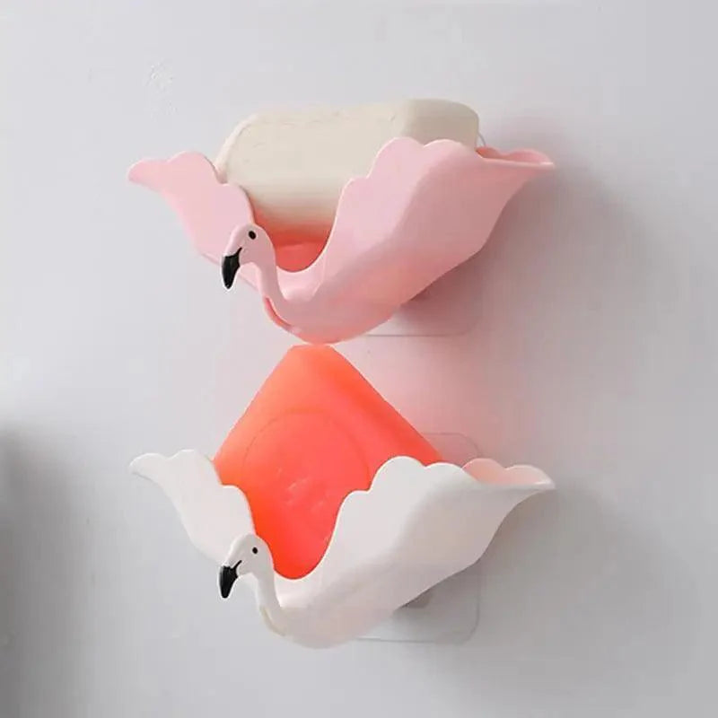 Flamingo Soap Dish Keep Soap Dry Clean Shower Soap Saver Tray Plastic Adhesive Drain Sponge Holder Bathroom Tool Soap Dish with Drains Soap Holder with Hooks Easy Dry SoapTray Easy Cleaning Soap Saver Extend Soap Life Powerful Adhesive No Drilling Stevvex