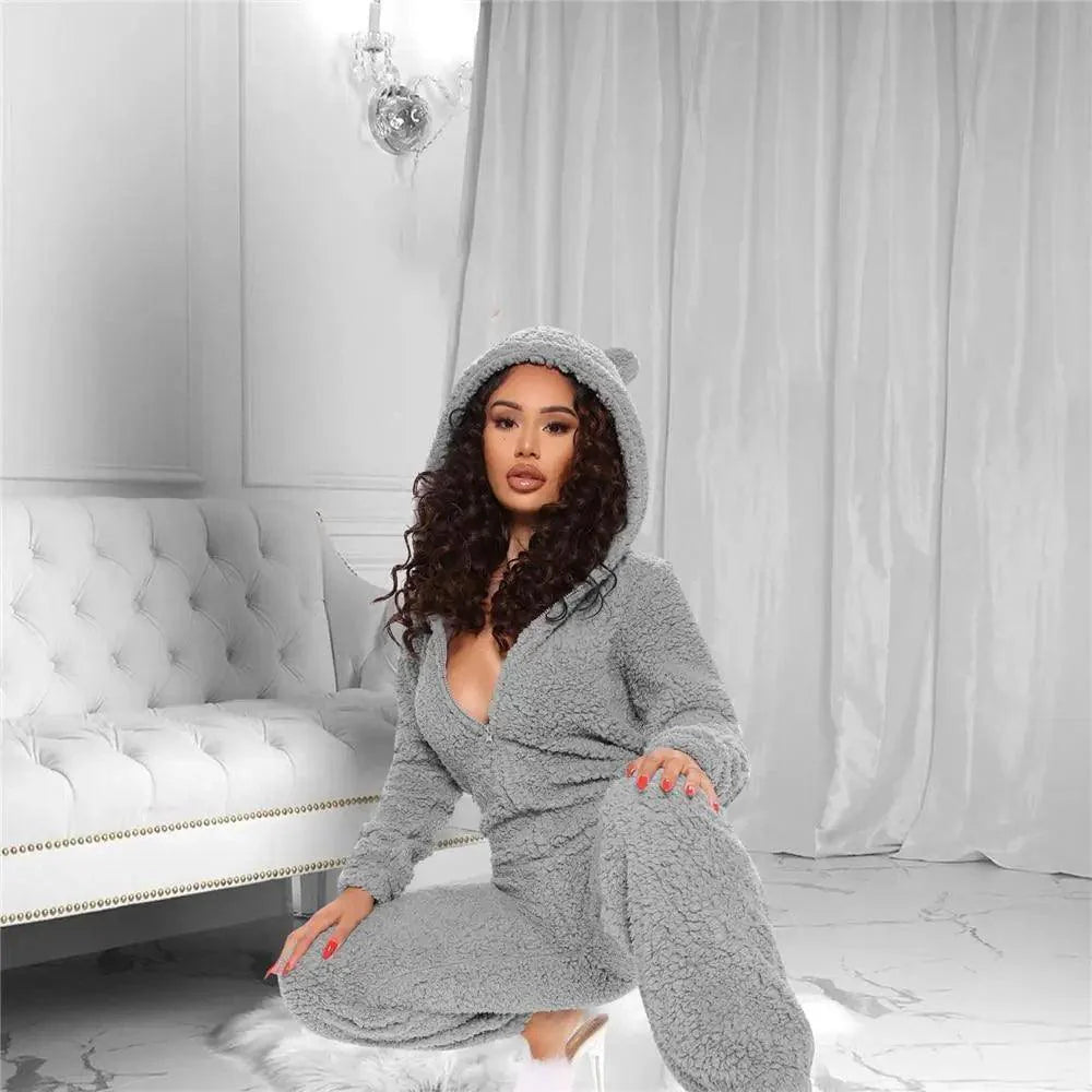 Fleece Jumpsuits For Women Autumn Winter One Piece Outfit Women Hooded Romper Winter Cute Pajamas For Winter V Neck Fuzzy Fleece Pajamas Romper Hooded Jumpsuit Stevvex